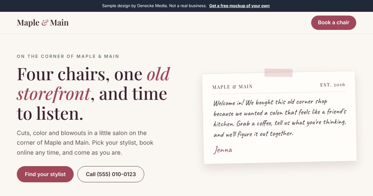 Sample salon website homepage with a handwritten welcome note from the owner