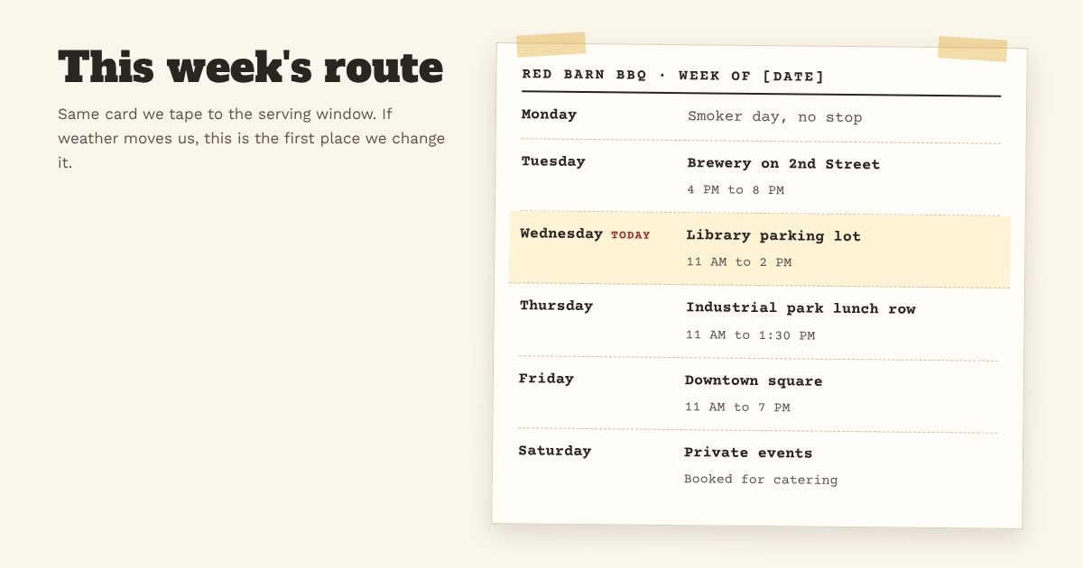 Sample food truck website showing this week's route, with today's stop marked