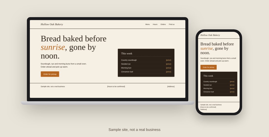 A sample bakery website shown on a laptop and a phone. Sample site, not a real business.
